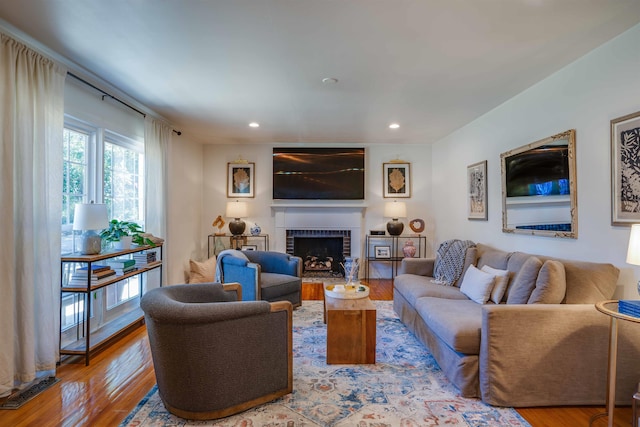 living room featuring light hardwood / wood-style floors and a fireplace