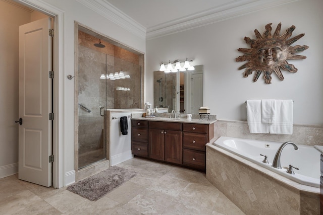 bathroom featuring separate shower and tub, ornamental molding, and vanity