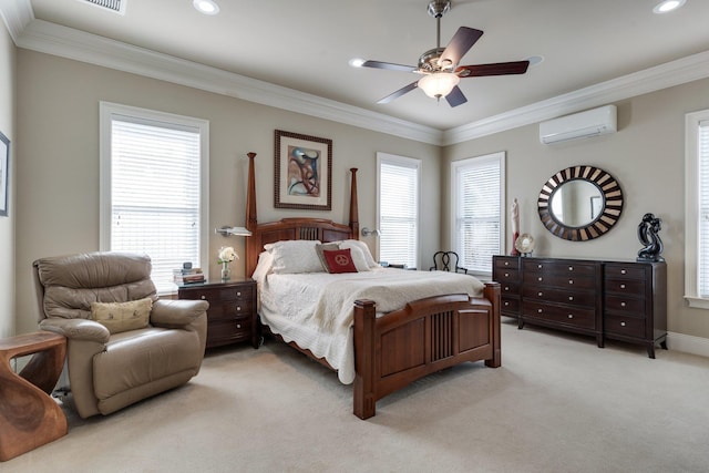 carpeted bedroom with ceiling fan, crown molding, and a wall mounted AC