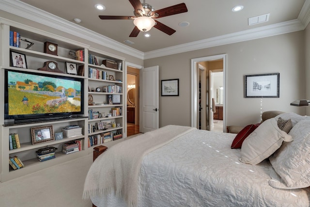 bedroom featuring carpet flooring, crown molding, connected bathroom, and ceiling fan