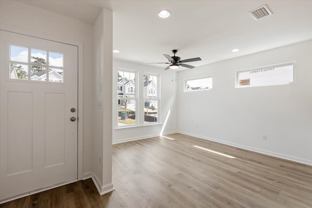 foyer with a wealth of natural light, hardwood / wood-style flooring, and ceiling fan