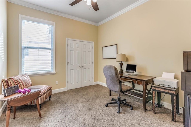 office space featuring ceiling fan, ornamental molding, and carpet flooring