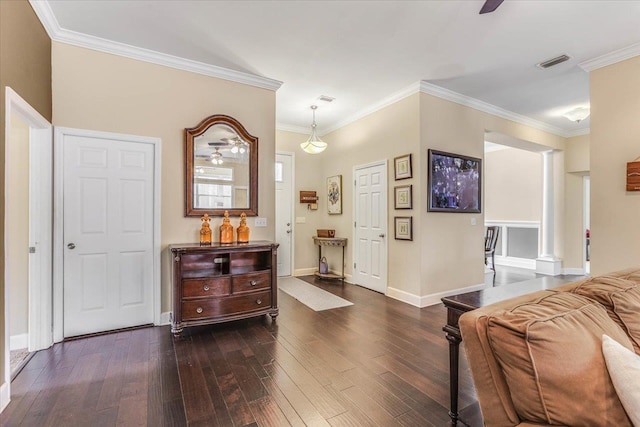 interior space featuring crown molding and dark wood-type flooring