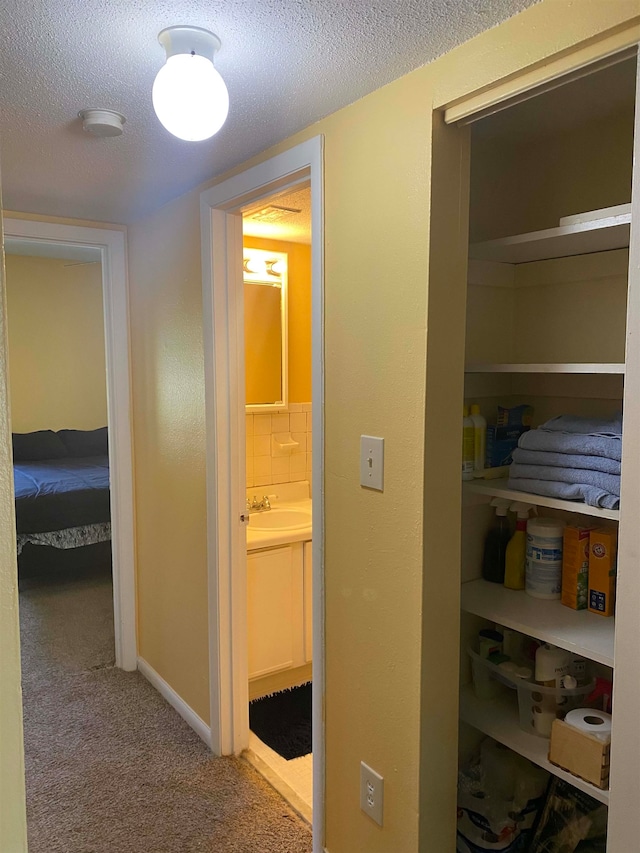 corridor featuring carpet flooring, sink, and a textured ceiling