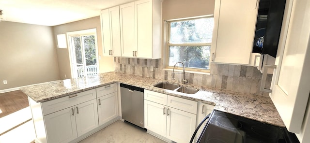 kitchen featuring range, tasteful backsplash, sink, kitchen peninsula, and stainless steel dishwasher