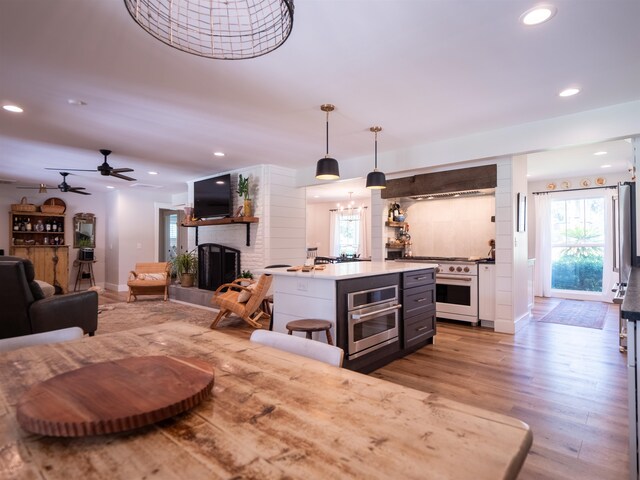 kitchen featuring a fireplace, ceiling fan, pendant lighting, light wood-type flooring, and appliances with stainless steel finishes