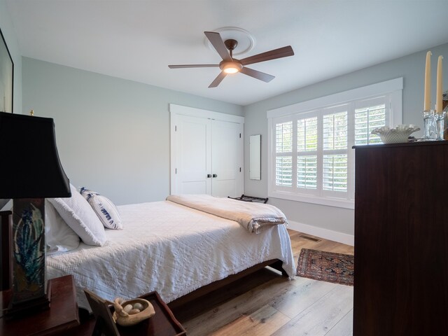 bedroom featuring ceiling fan and light hardwood / wood-style floors