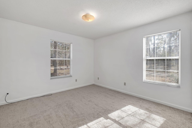 spare room with light colored carpet, plenty of natural light, and a textured ceiling