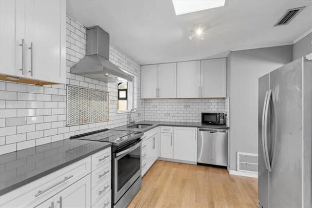 kitchen featuring dark countertops, wall chimney exhaust hood, white cabinetry, and stainless steel appliances