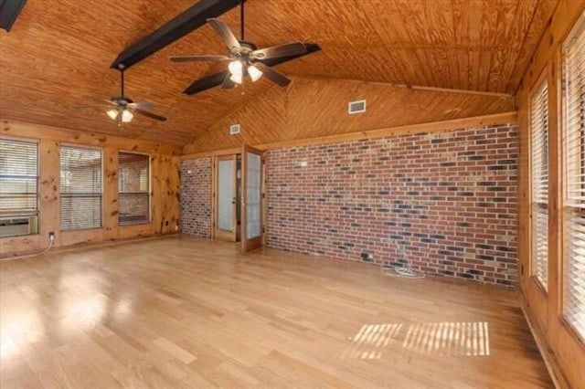 interior space featuring lofted ceiling, visible vents, light wood-style flooring, brick wall, and wooden ceiling