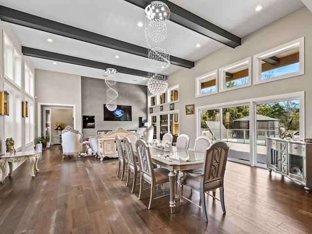 dining area featuring dark hardwood / wood-style flooring, beamed ceiling, a high ceiling, and a notable chandelier