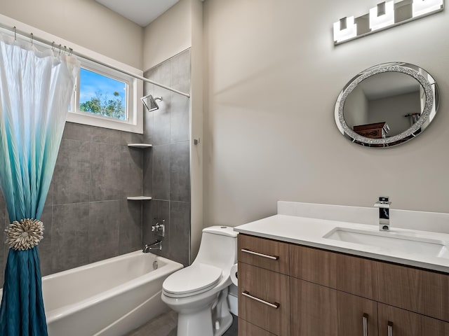 full bathroom featuring vanity, toilet, and shower / bathtub combination with curtain