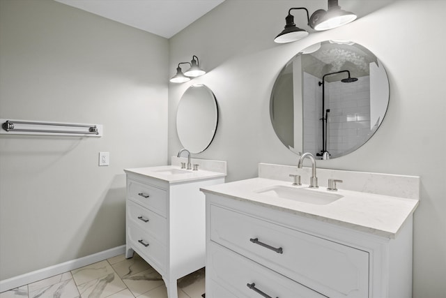 2521 Harriman Cir, Tallahassee, FL 32308 - full bathroom featuring two vanities, marble finish flooring, and tiled shower