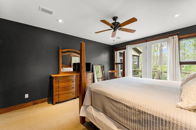 carpeted bedroom with baseboards, visible vents, ceiling fan, and recessed lighting