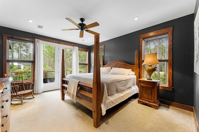 bedroom with recessed lighting, visible vents, ceiling fan, and light carpet