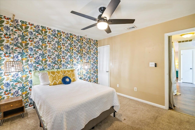 bedroom featuring carpet flooring and ceiling fan