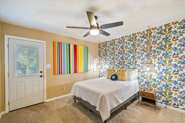 bedroom with light colored carpet and ceiling fan