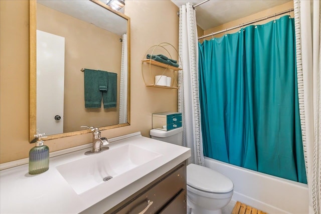 full bathroom with vanity, toilet, and shower / bathtub combination with curtain