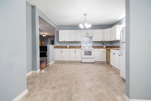 kitchen featuring pendant lighting, white appliances, a chandelier, and white cabinets