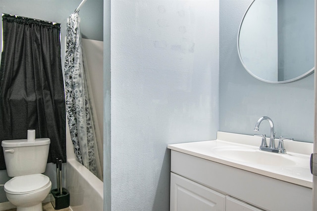 full bathroom with shower / bath combo, vanity, and toilet