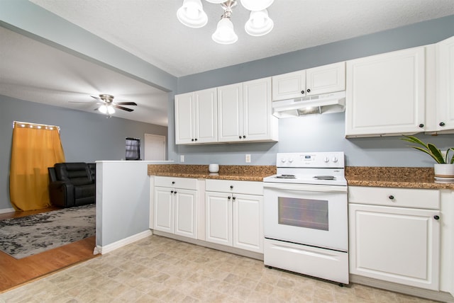 kitchen with electric range, a textured ceiling, white cabinets, ceiling fan with notable chandelier, and dark stone counters