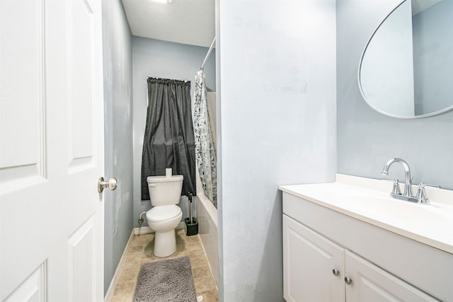 full bathroom featuring toilet, vanity, and shower / bathtub combination with curtain