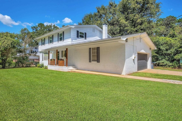 view of front of home with a porch, a garage, and a front lawn