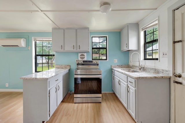 kitchen featuring white cabinets, plenty of natural light, stainless steel electric stove, and sink