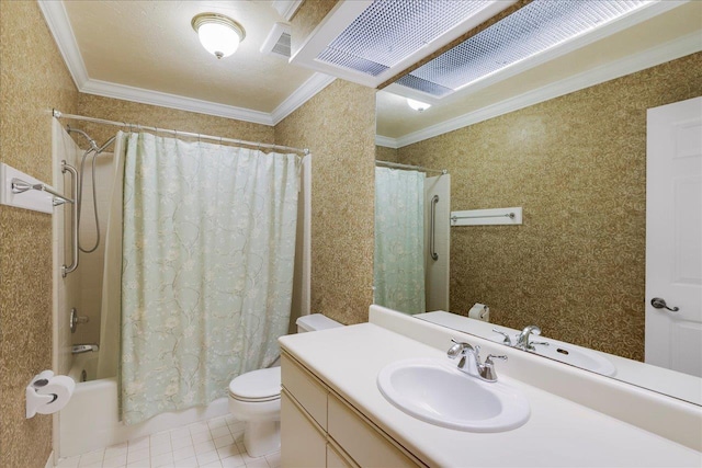 1816 Atlantis Pl, Tallahassee, FL 32303 - full bath featuring crown molding, toilet, tile patterned floors, vanity, and shower / bath combination with curtain