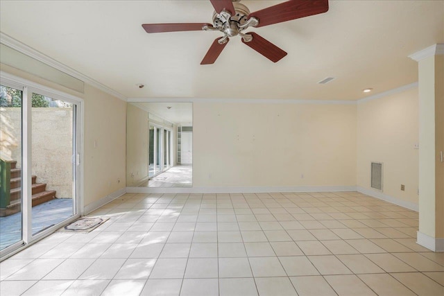 1816 Atlantis Pl, Tallahassee, FL 32303 - empty room with light tile patterned flooring, visible vents, ornamental molding, and a ceiling fan