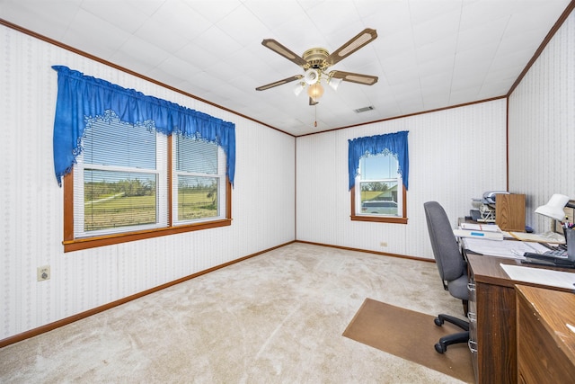 511 SW Sundown Creek Rd, Madison, FL 32340 - home office with crown molding, carpet floors, ceiling fan, wallpapered walls, and baseboards