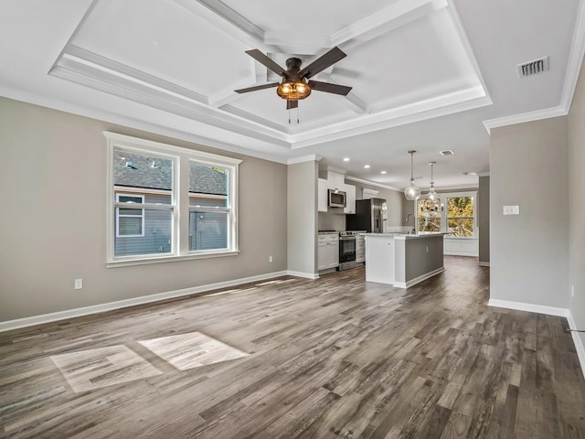 unfurnished living room with coffered ceiling, sink, ceiling fan with notable chandelier, crown molding, and hardwood / wood-style flooring