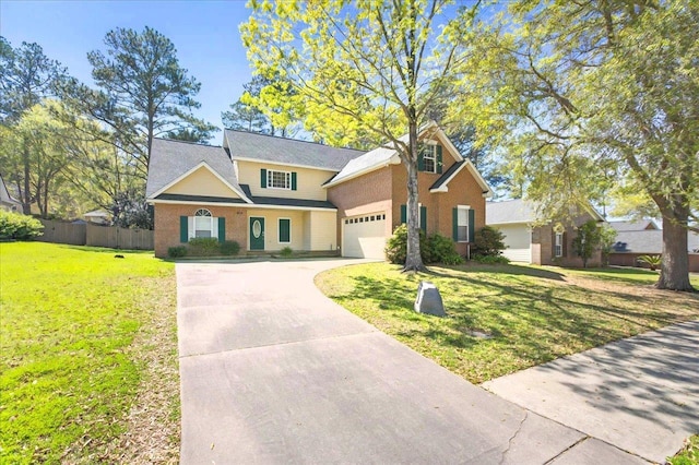 view of front of house featuring an attached garage, driveway, fence, and a front lawn