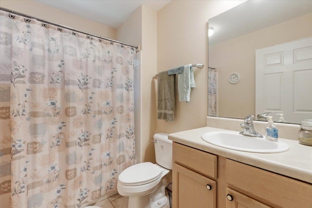 bathroom featuring tile patterned flooring, vanity, toilet, and a shower with shower curtain