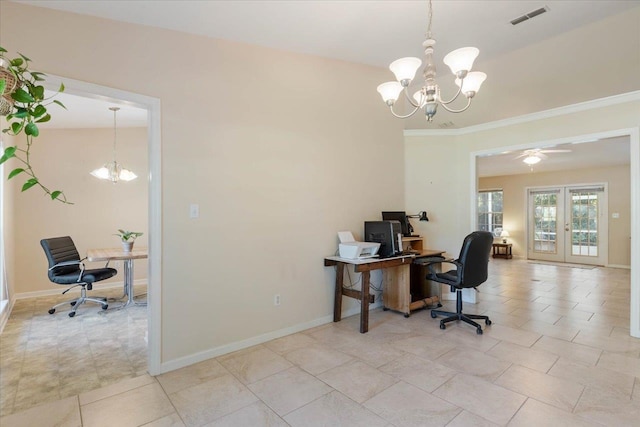 tiled office featuring french doors, ceiling fan with notable chandelier, and vaulted ceiling