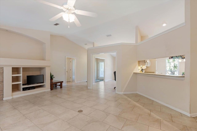 unfurnished living room with light tile patterned flooring, vaulted ceiling, and ceiling fan