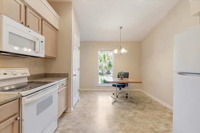 kitchen with light brown cabinets, white appliances, a chandelier, and pendant lighting