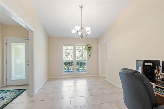 office area with light tile patterned floors, an inviting chandelier, and lofted ceiling