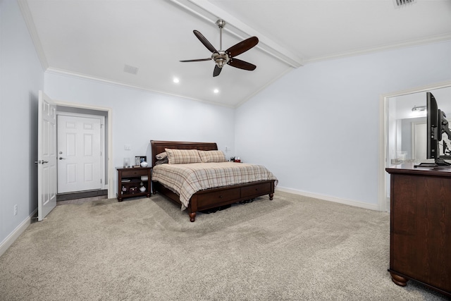 carpeted bedroom with vaulted ceiling with beams, ceiling fan, and ornamental molding