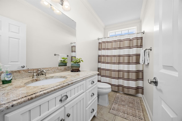 bathroom featuring tile patterned floors, walk in shower, vanity, crown molding, and toilet