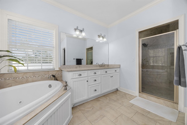 bathroom featuring tile patterned flooring, vanity, independent shower and bath, and ornamental molding