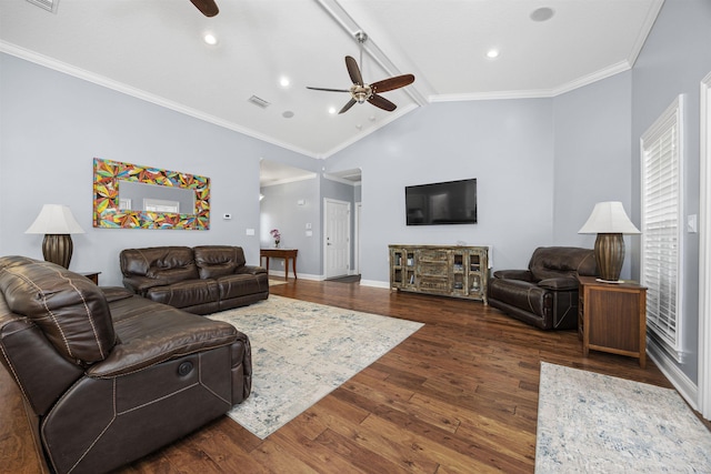 living room with ceiling fan, lofted ceiling with beams, ornamental molding, and dark hardwood / wood-style floors