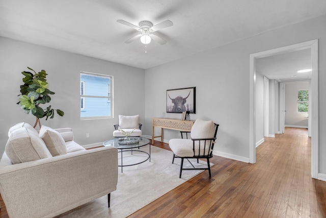 living room featuring ceiling fan and wood-type flooring