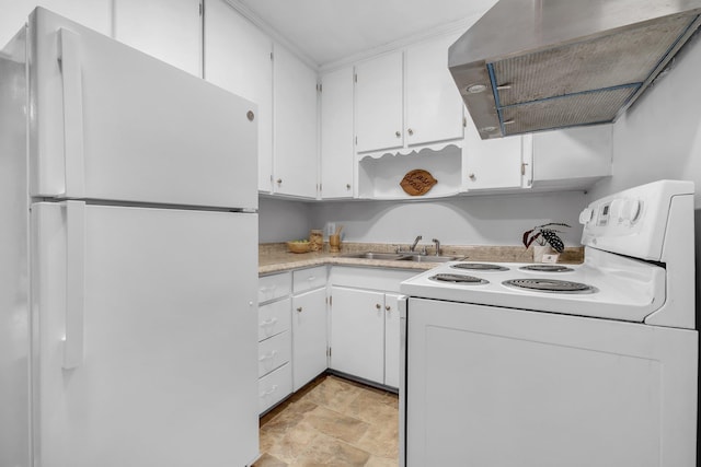 kitchen with sink, exhaust hood, white cabinets, and white appliances