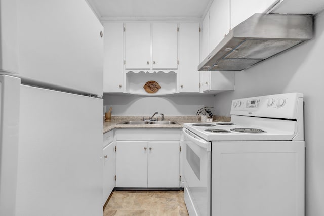 kitchen with sink, exhaust hood, white cabinets, and white appliances