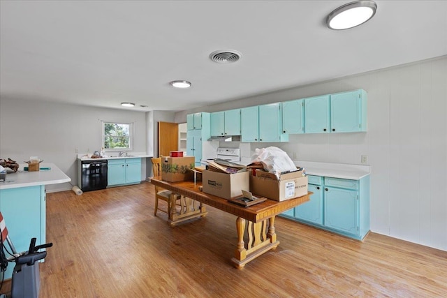 203 Forest Cir, Perry, FL 32347 - kitchen with blue cabinetry, light wood-style floors, light countertops, and dishwashing machine