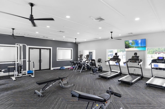 2848 Crestline Rd, Tallahassee, FL 32308 - workout area featuring a ceiling fan, carpet, and recessed lighting