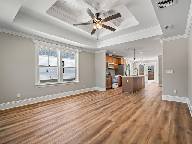 kitchen with a tray ceiling, light wood-type flooring, appliances with stainless steel finishes, and ornamental molding