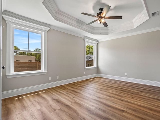 spare room with light hardwood / wood-style floors, ceiling fan, and a raised ceiling