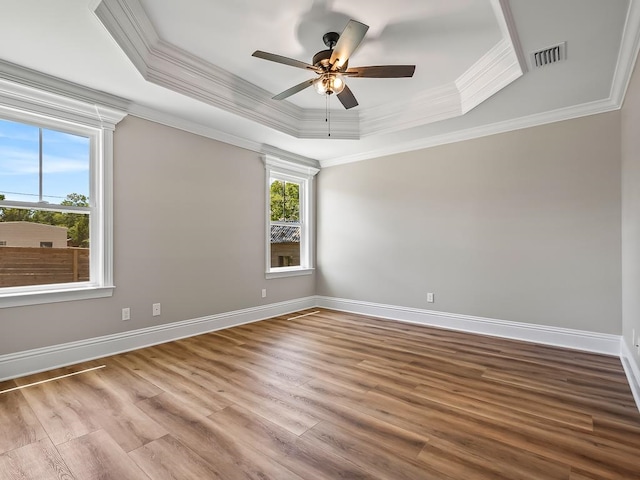 spare room featuring a raised ceiling, light wood-type flooring, and crown molding